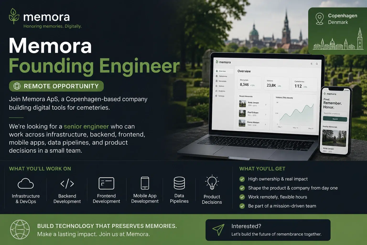 Memora Founding Engineer is a remote job opportunity at Memora ApS, a Copenhagen-based company building digital tools for cemeteries. The role is for a senior engineer who can work across infrastructure, backend, frontend, mobile apps, data pipelines, and product decisions in a small team.