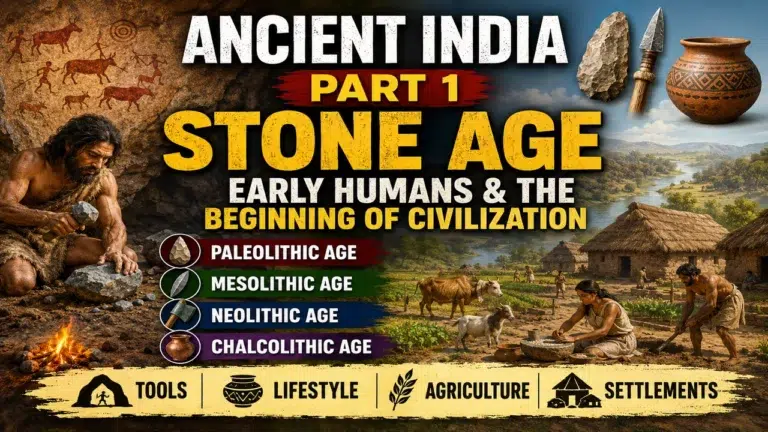 Ancient India Stone Age timeline with early humans, tools, cave paintings and farming settlements